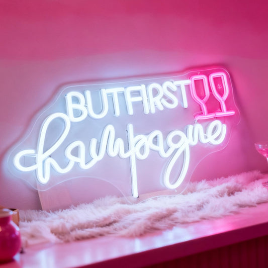 But First Champagne Neon Sign - USB Powered Dimmable Decorative Neon Light for Party Bar Pub Living Room Bedroom Wall Table Decor, White and Pink LED