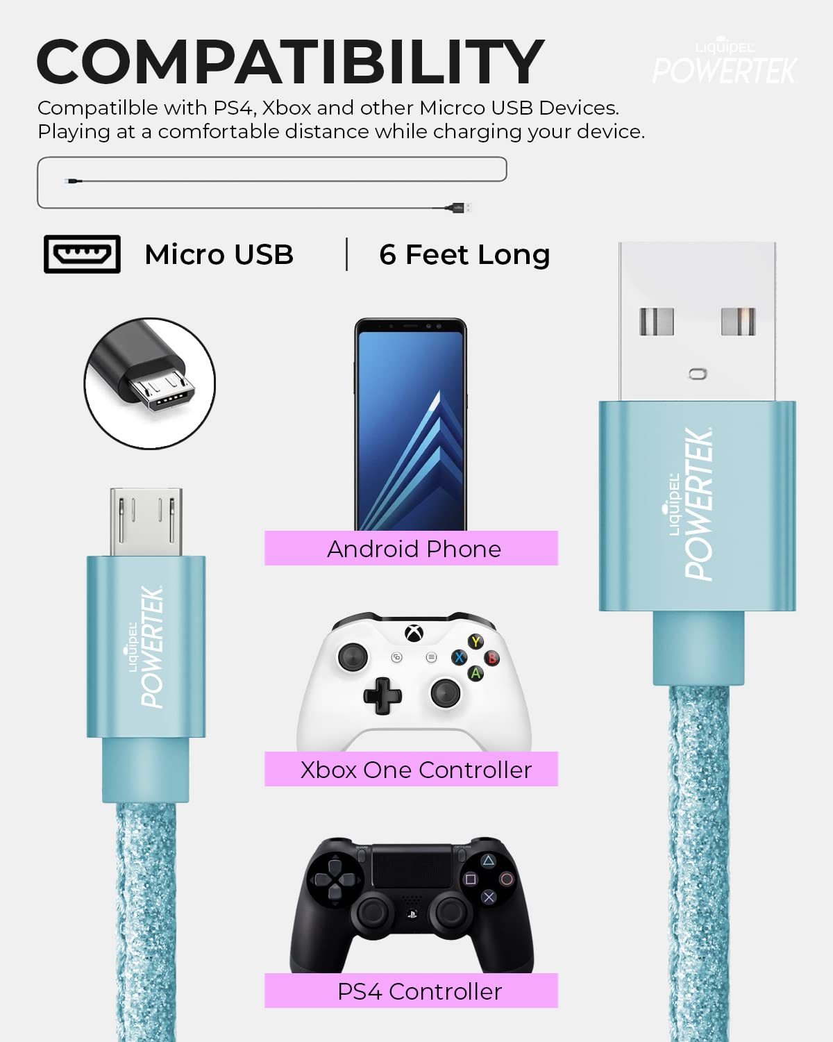 Micro USB Cable Android Charger, 6ft Fast Charging USB 2.0 A to Micro B Cable, Compatible with Samsung Galaxy S7 S6 Edge PS4 Xbox (Light Blue)