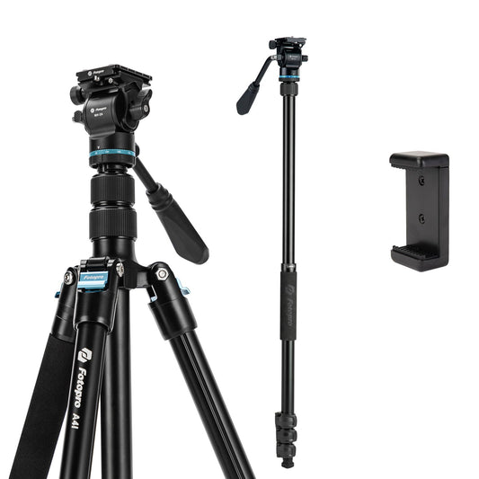 Fotopro 73'' Camera Tripod, Foldable Aluminum Tripod/Monopod, Detachable Fluid Head with Quick Release Plate, Lightweight Tripod for Camera, Phone