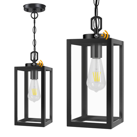 EIKESN 13" Dusk to Dawn Outdoor Pendant Light,Exterior Outside Chandelier Hanging Lantern Light, Matte Black with Clear Glass for Front Door,Porch