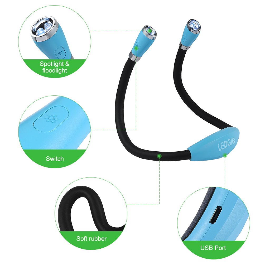 LEDGLE Neck Reading Light Rechargeable Neck Flashlights for Knitting, 4 LED Bulbs + 3 Adjustable Brightness + Flexible Soft Silicone Arms | Hands Free