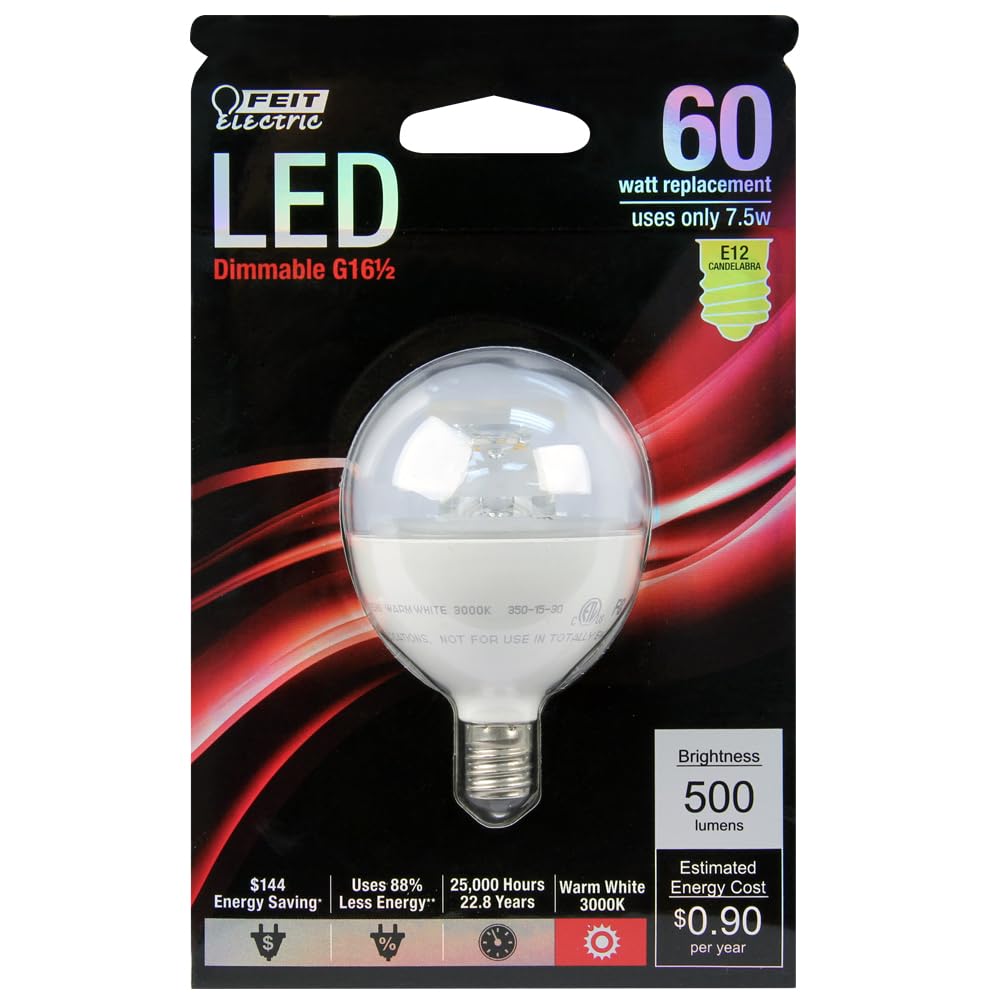 Feit Electric G16.5 Light Bulb, 60W Eq, Warm White