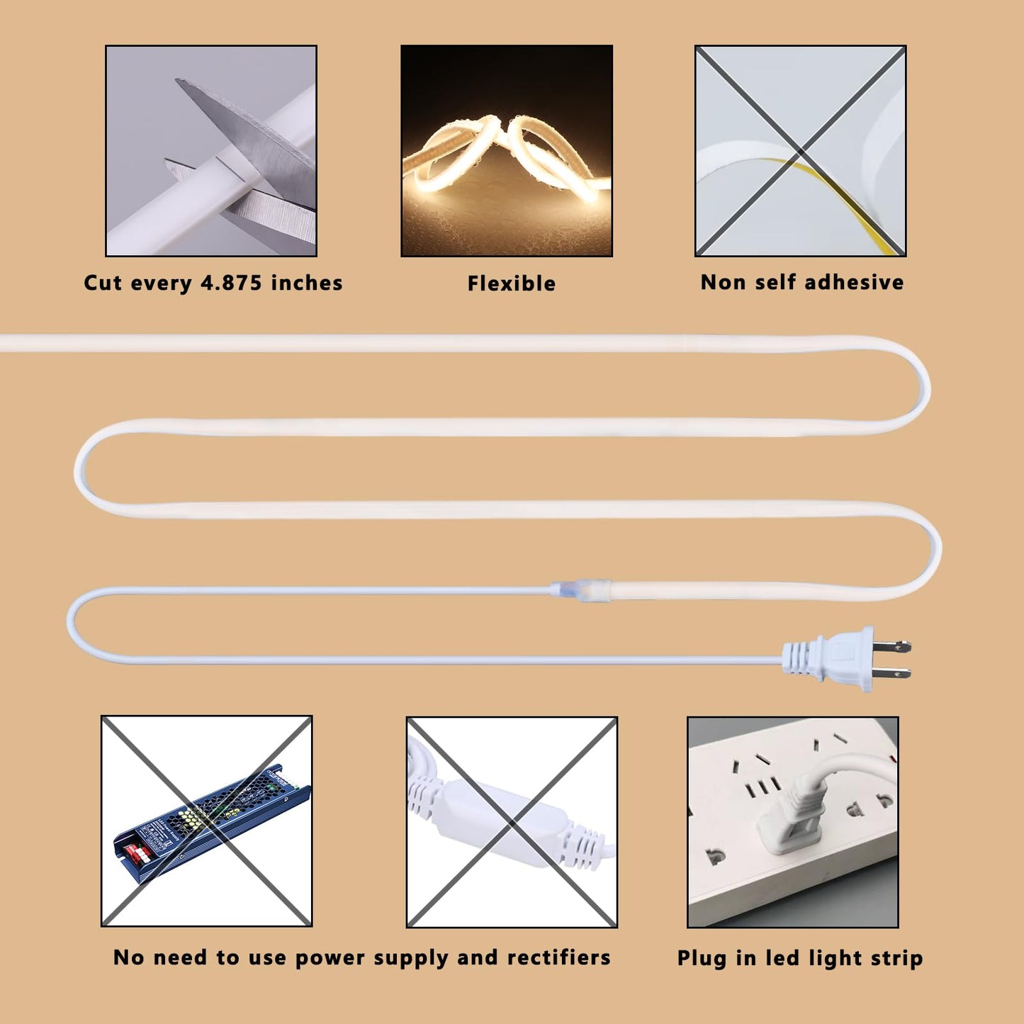 BENLUN AC 110V COB LED Strip Lights 98.4ft, 3000K Warm White LED Rope Light Outdoor Waterproof, 10W/M CRI 90+ Flexible Cuttable, for Bedroom, Living