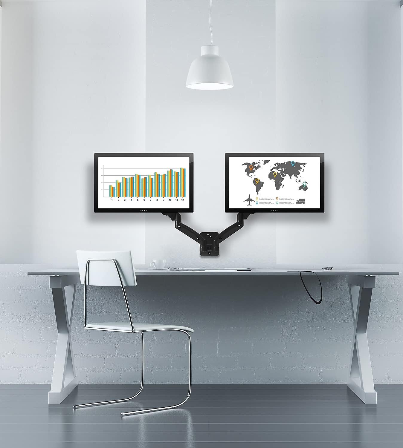Mount-It! Dual Monitor Wall Mount - 2 Monitor Wall Mount Arms - Full Motion Height Adjustable Computer Monitor Wall Mounting Bracket with Two