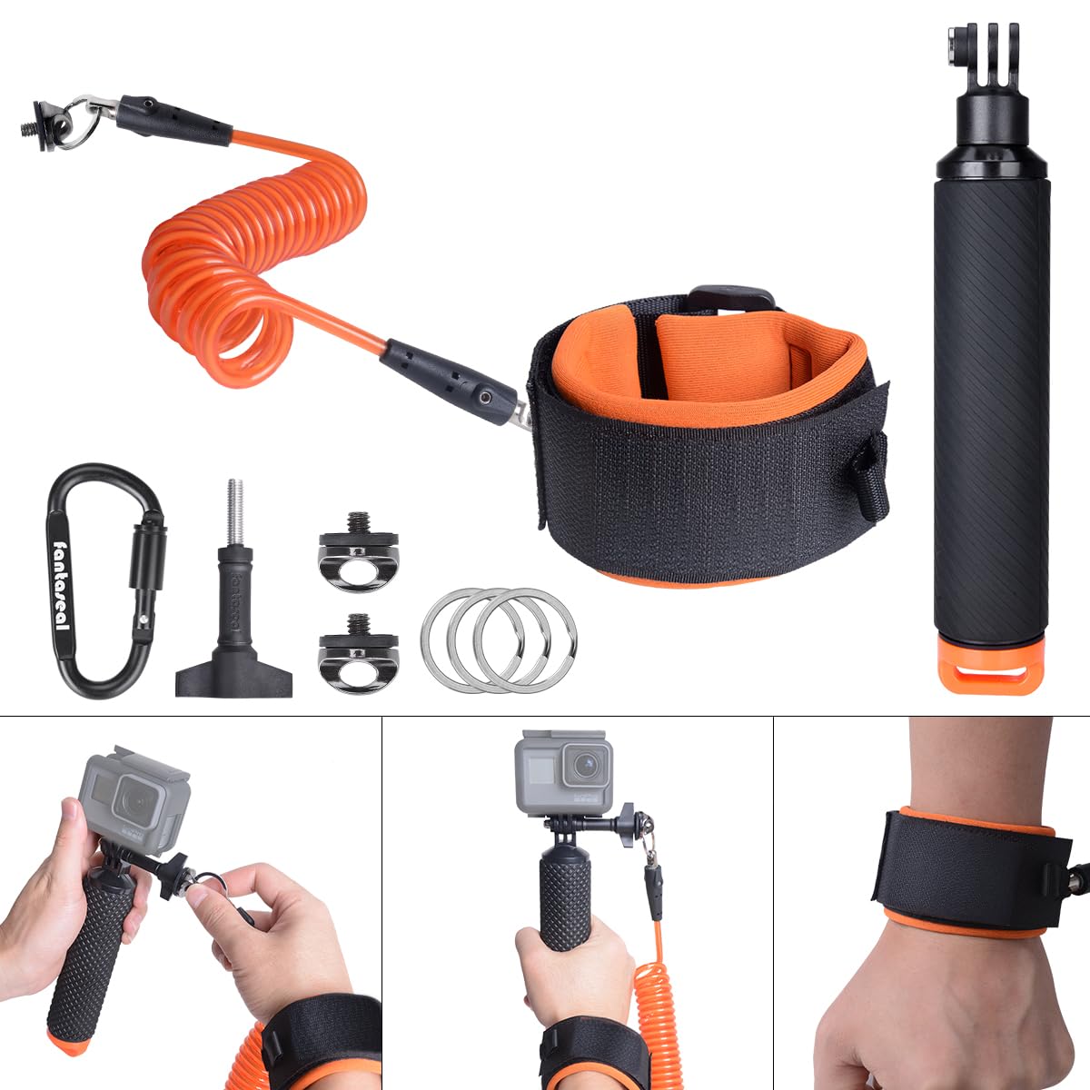 Action Camera Non-Slip Handler Floating Hand Grip Holder Mount + Steel-cored Safety Wrist Strap for GoPro Sony Insta360 Olympus Akaso Underwater