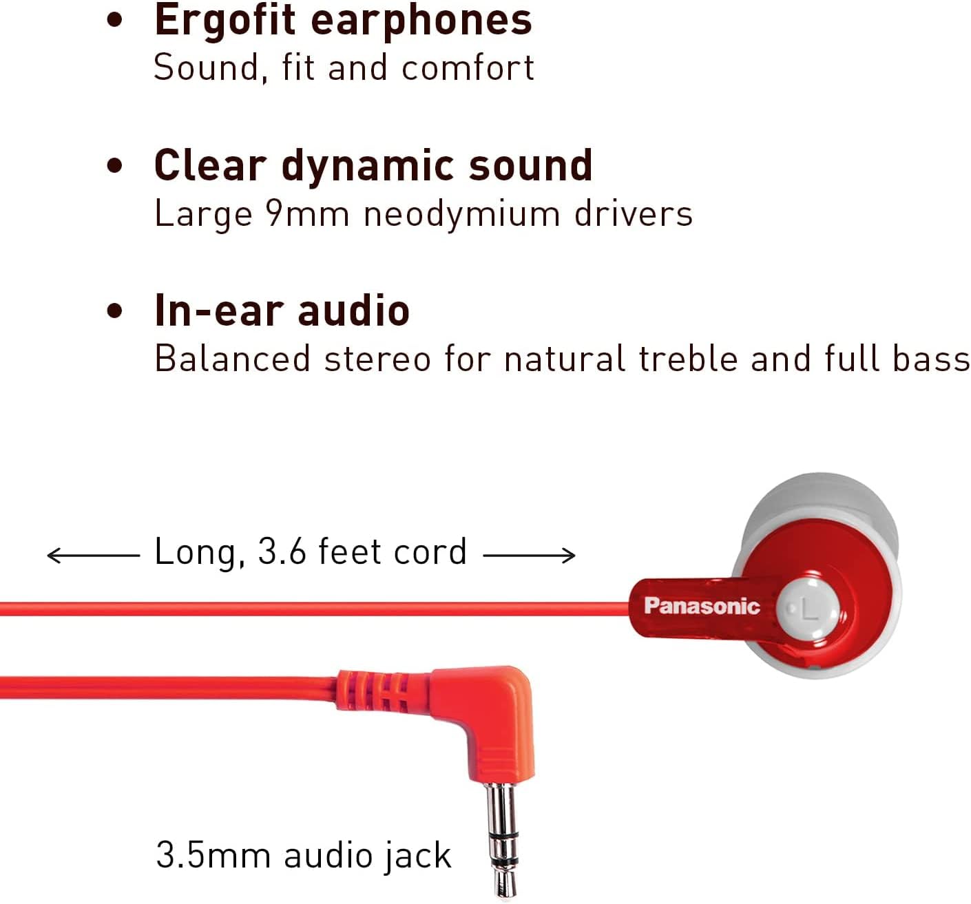 Panasonic ErgoFit In-Ear Earbud Headphones RP-HJE120-R (Red) Dynamic Crystal Clear Sound, Ergonomic Comfort-Fit