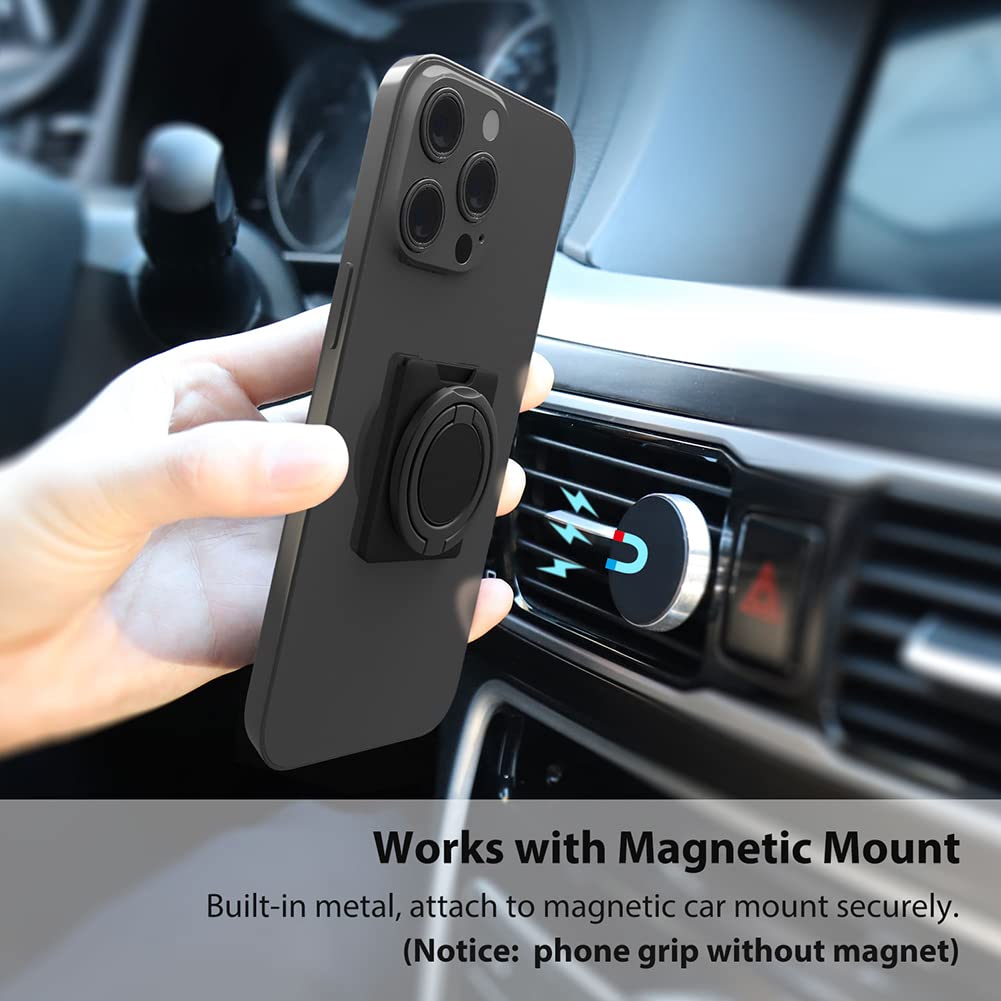 MonIdea Phone Ring Holder, Phone Grip Finger Kickstand Wireless Charging Friendly, 360°Rotation Metal Phone Ring Grip Stand Work with Magnetic Car