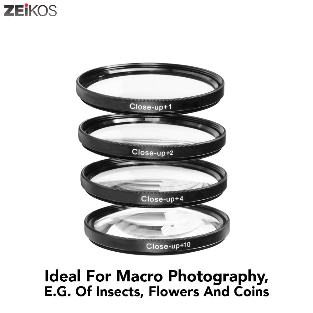 Zeikos 52mm 4 piece high definition Close-Up filter (+1, +2, +4 and +10 Diopters), Metal Rim, Magnification Kit, with Deluxe Case and Miracle Fiber