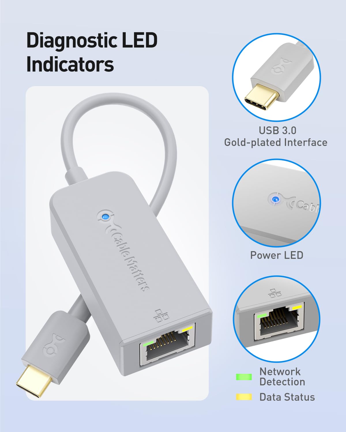 Cable Matters USB C to Ethernet Adapter, Gigabit Ethernet to USB C, Gray