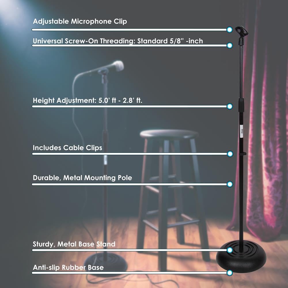 Pyle Adjustable Microphone Stand - Universal Mic Stand with Compact Heavy Base, Floor Standing Design, Height Adjustable, Pivot Angle Clip for Singing