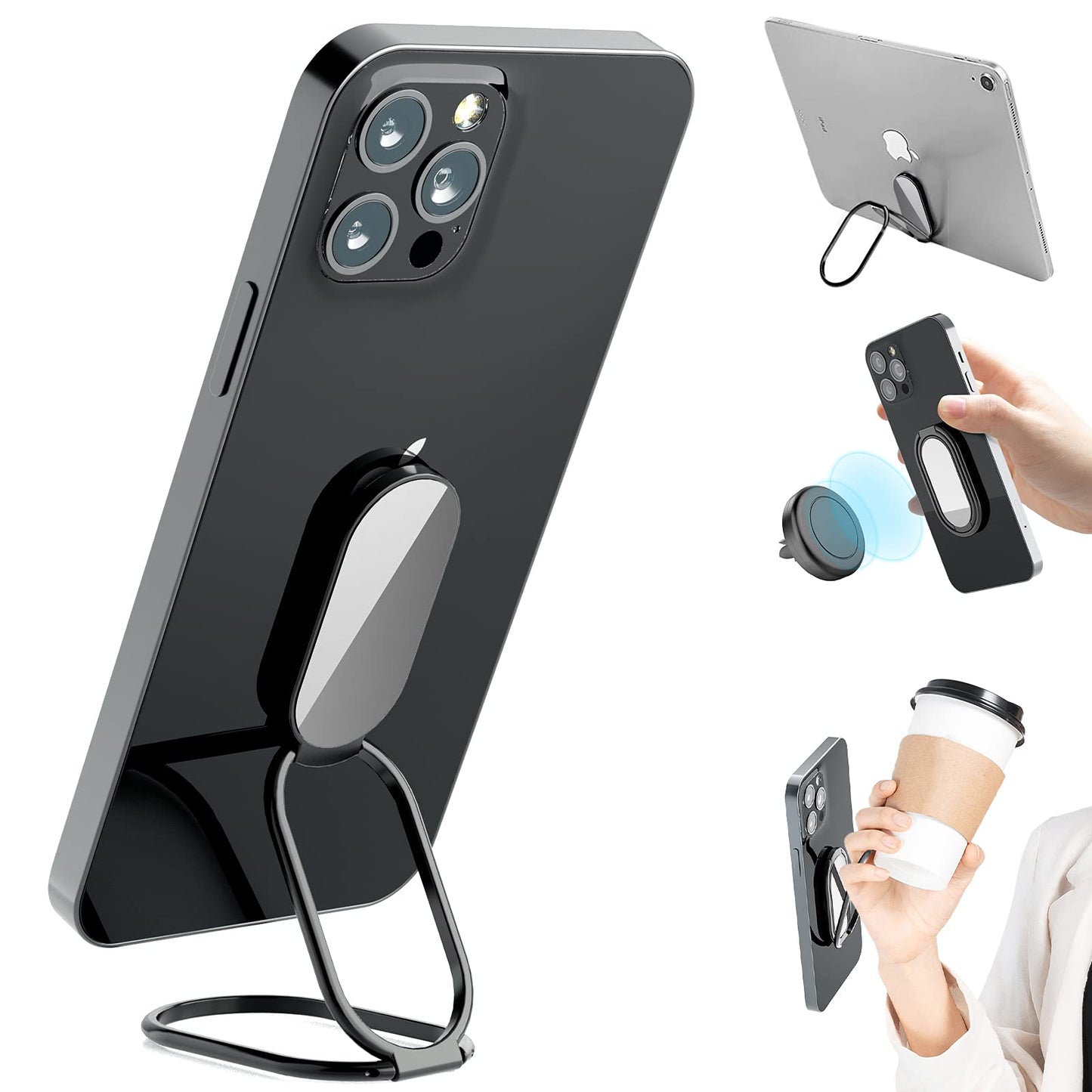 Phone Holder Foldable Phone Stand Phone Ring Holder Finger Kickstand 360° Rotation Cell Phone Stand Metal Phone Grip for Magnetic Car Mount Sticky