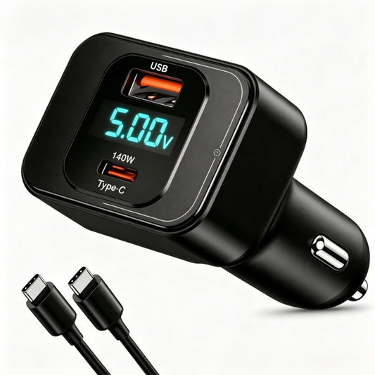 170W USB C Car Charger, PD3.1 140W + 30W Dual-Port Fast Charging Adapter with 240W USB-C Cable, Smart Digital Voltage/Power Display, 12V-24V