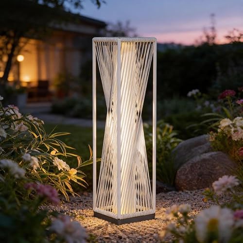 Solar Yard Outdoor Solar Floor Lamp Resin Wicker Solar Light Outdoor Waterproof for Yard, Garden, Pathway, Deck, Dazzle Dance (White)