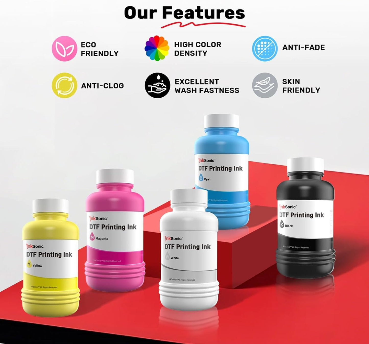 InkSonic 1500ML DTF Ink, Premium DTF Transfer Ink for PET Film, Refill Ink Compatible for DTF Printer L1800, R1390, L805, L800, DX7, XP600, I1600
