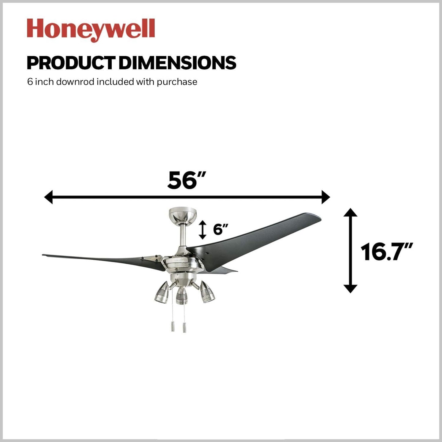 Honeywell Ceiling Fans Phelix, 56 Inch Contemporary Indoor LED Ceiling Fan with Light, Pull Chain, Dual Mounting Options, Modern High Performance