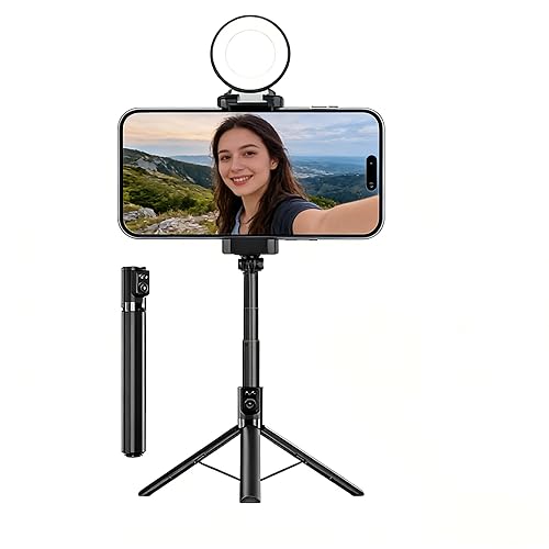 70“ Selfie Stick Tripod for iPhone/Android - Expandable Phone Tripod with Fill Light, 10M Bluetooth Remote Control, one Click Open Selfie Stick