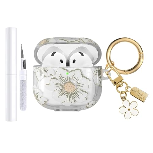 AIIEKZ Compatible with AirPods 4 Case Cover 2024, Soft TPU with Cute Flower Pattern for AirPods 4th Generation Case with Flower Keychain and Cleaning