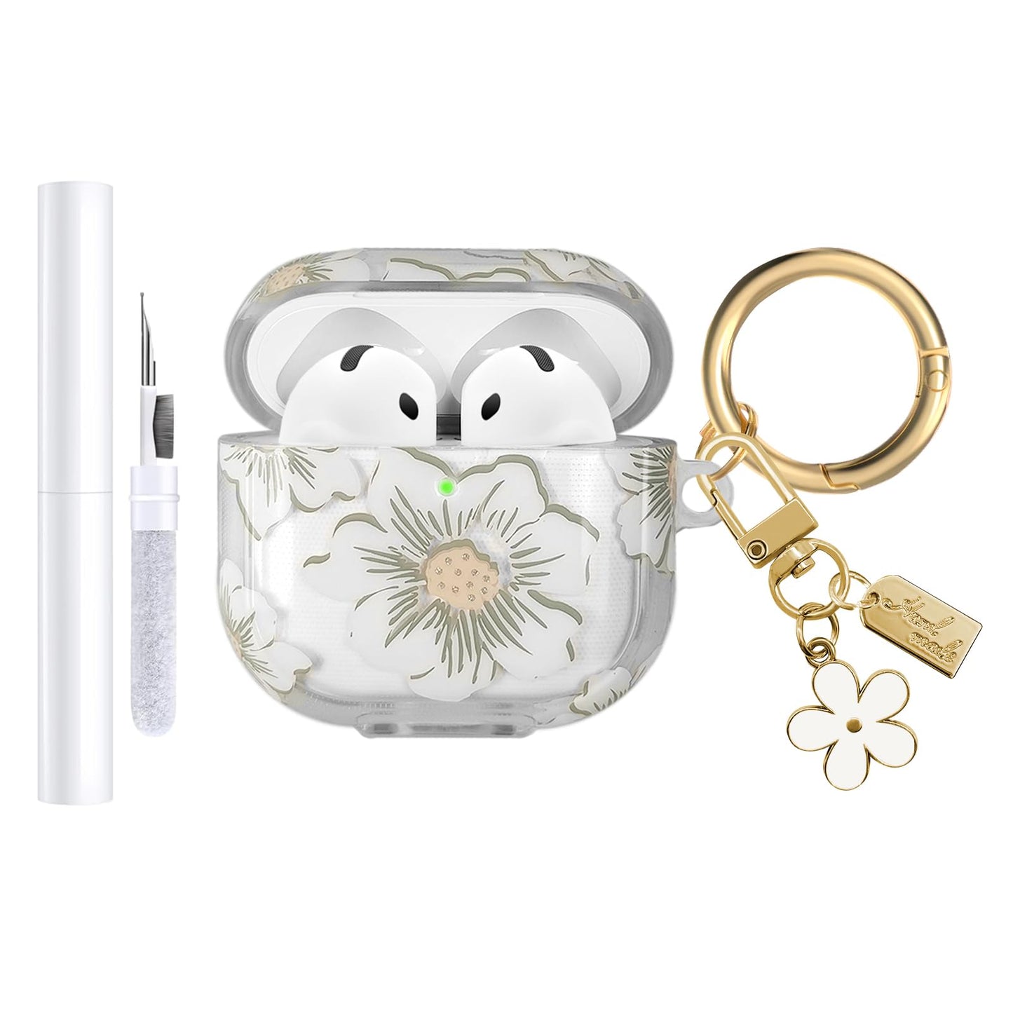 AIIEKZ Compatible with AirPods 4 Case Cover 2024, Soft TPU with Cute Flower Pattern for AirPods 4th Generation Case with Flower Keychain and Cleaning