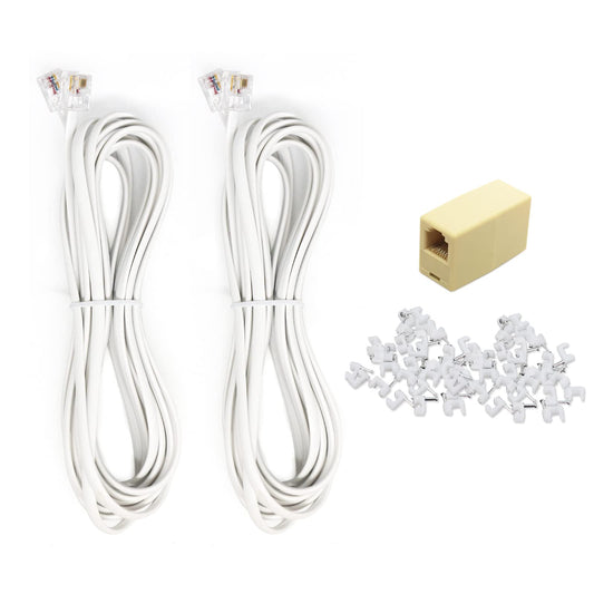 MulticoloredLED 2Pcs 10Ft Phone Extension Cord, Male to Male Telephone Extension Cable with Standard RJ11 6P4C Plug and 1 in-Line Coupler, White