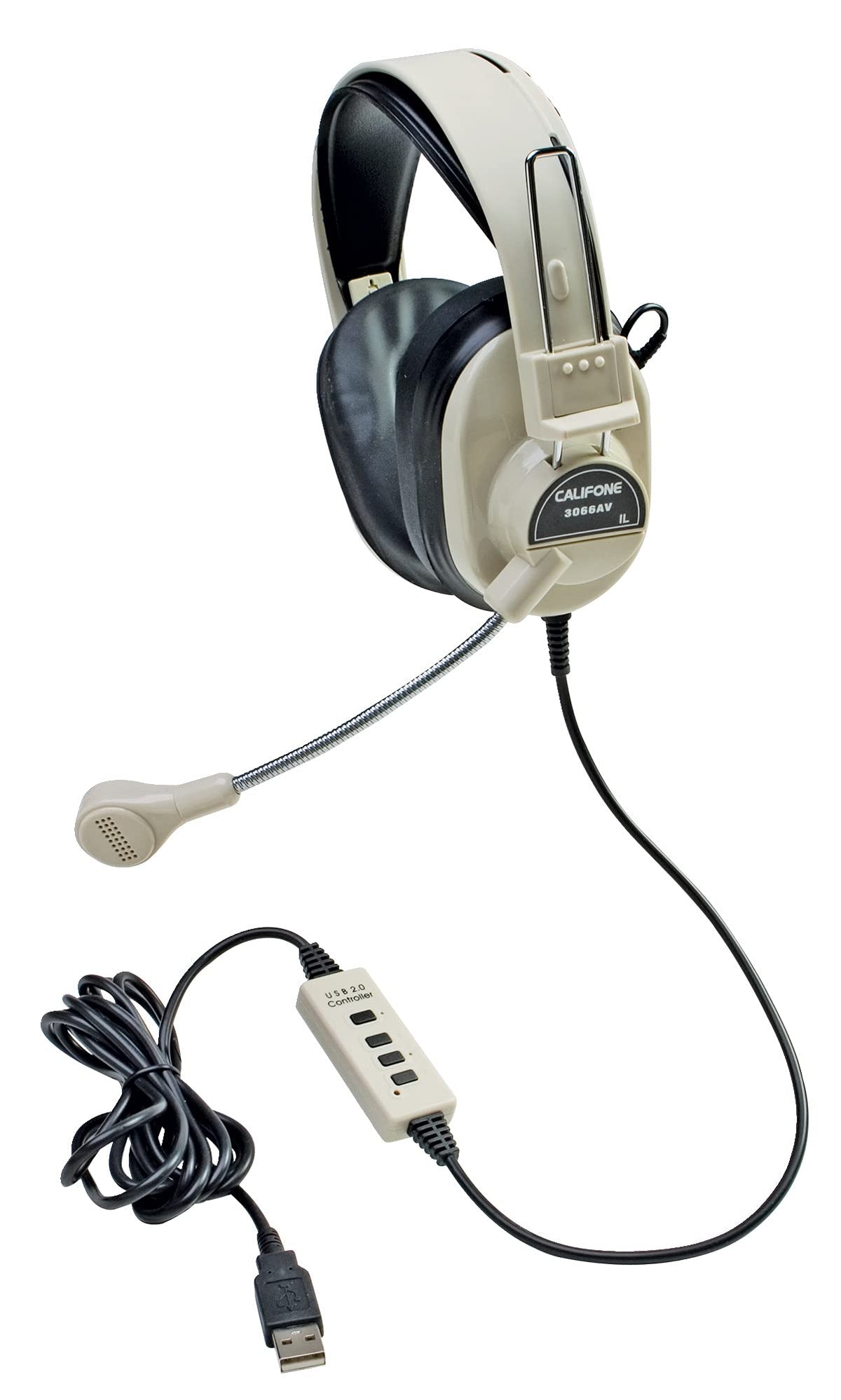 Califone 3066AV-USB Deluxe Over-Ear Stereo Headset with Gooseneck Microphone, USB Plug, Beige, Each