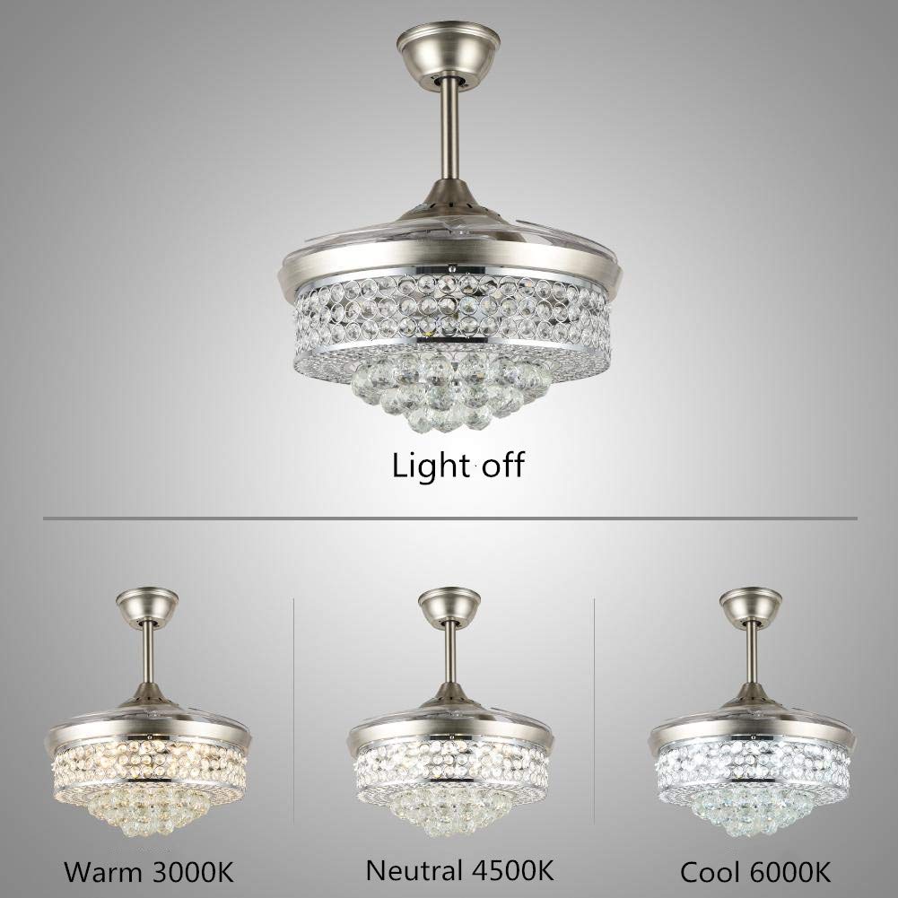 A Million 42" Crystal Ceiling Fan with Light Retractable Blades Brushed Nickel Modern LED Chandelier Remote 3 Colors 3 Speeds Change Silent Ceiling
