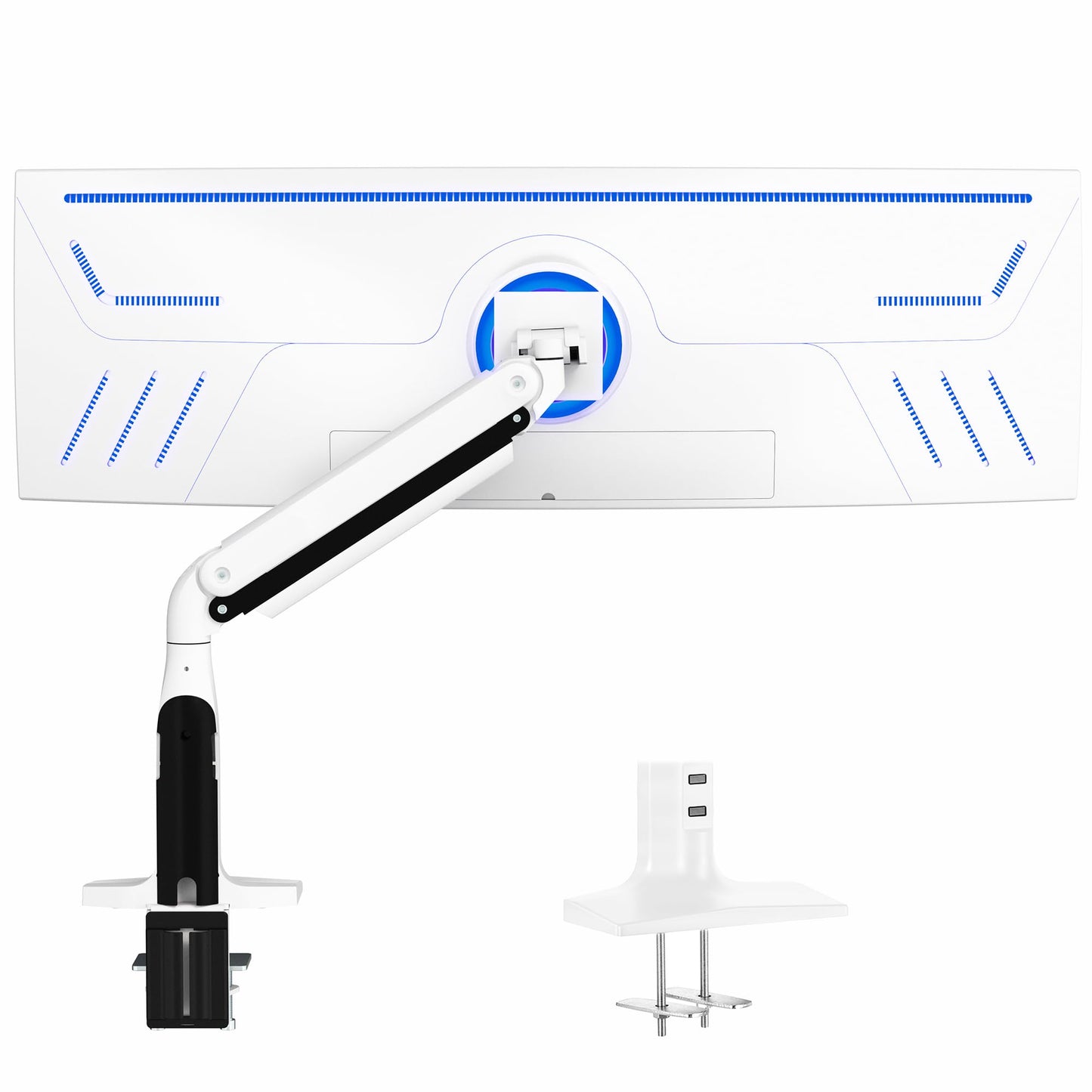 VIVO Premium Tilt Joint Ultrawide Monitor Stand, Fits up to 49 inch Computer Screens, Single Articulating Pneumatic Arm, C-Clamp and Grommet Desk