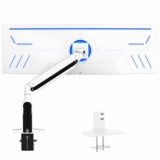 VIVO Premium Tilt Joint Ultrawide Monitor Stand, Fits up to 49 inch Computer Screens, Single Articulating Pneumatic Arm, C-Clamp and Grommet Desk