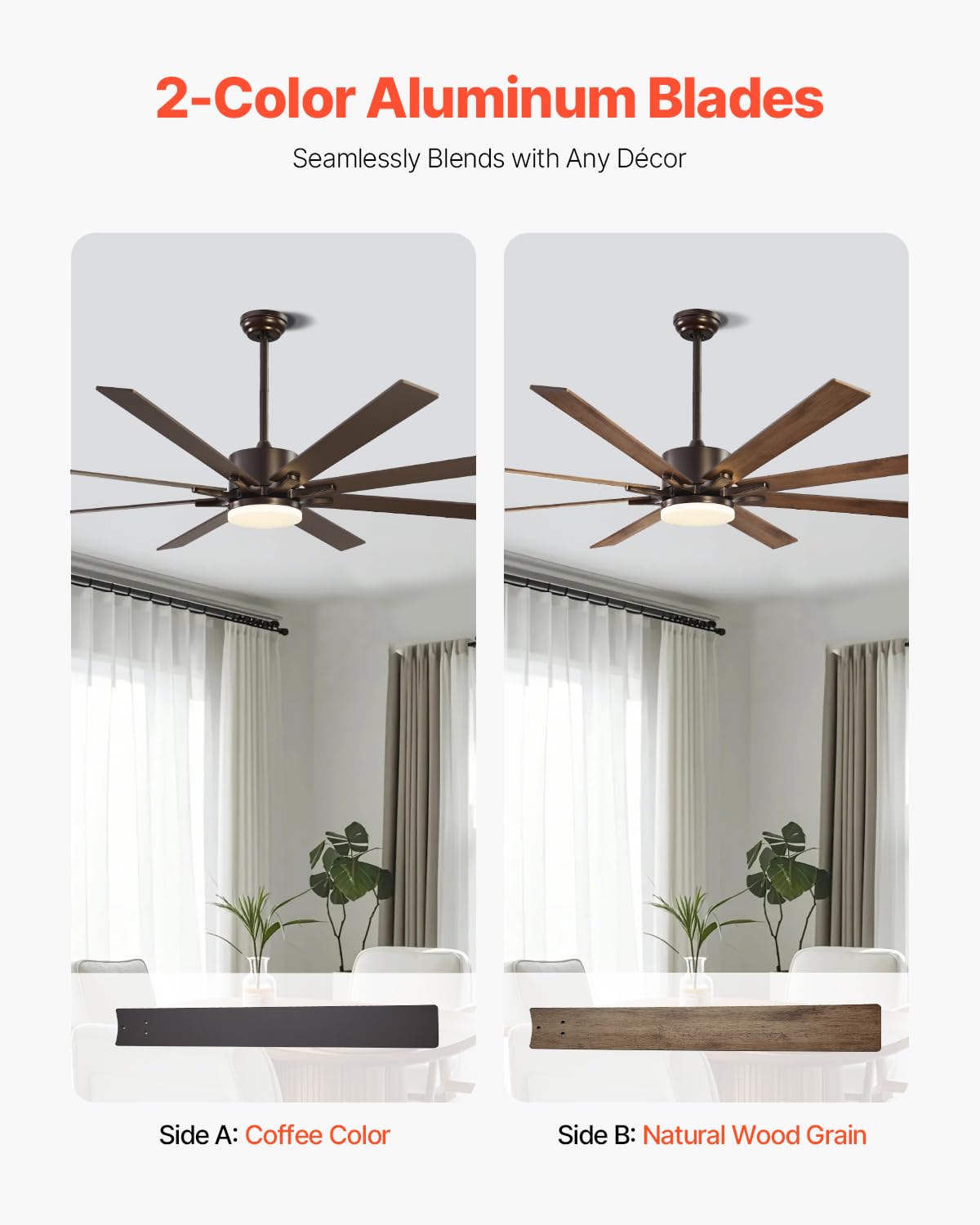 VEVOR 72 In Ceiling Fan with Light, 6-Speed Remote Control, Dimmable 3-Color Temperature, Reversible DC Motor, Modern Low Profile Flush Mount Fan