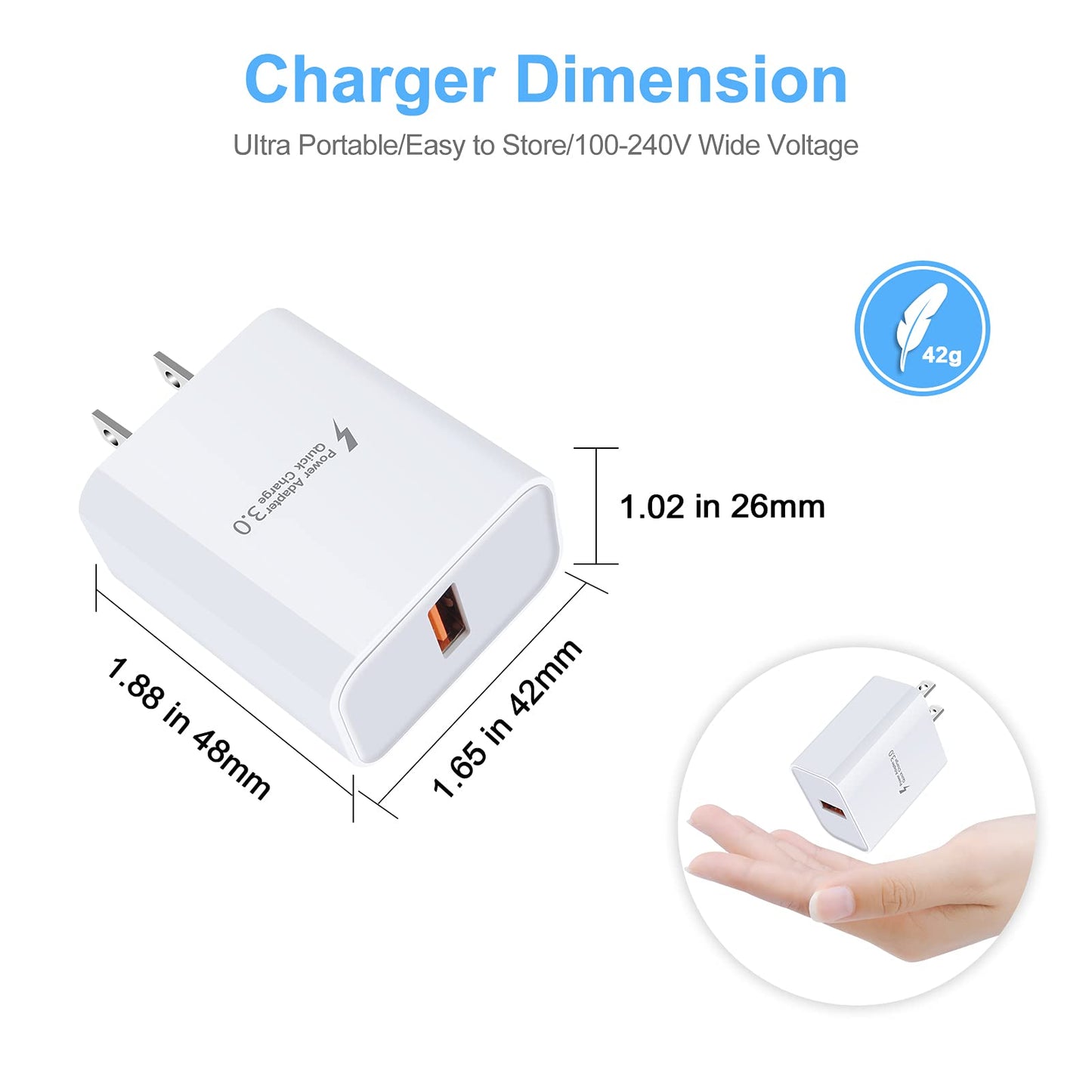 Quick Charge 3.0 Wall Charger Block Plug,USB Cube Power Adapter Fast Charging Block for Samsung Galaxy S24 S23FE A15 A25 A14 A13 A54 S22 S21 S10 S9 S8