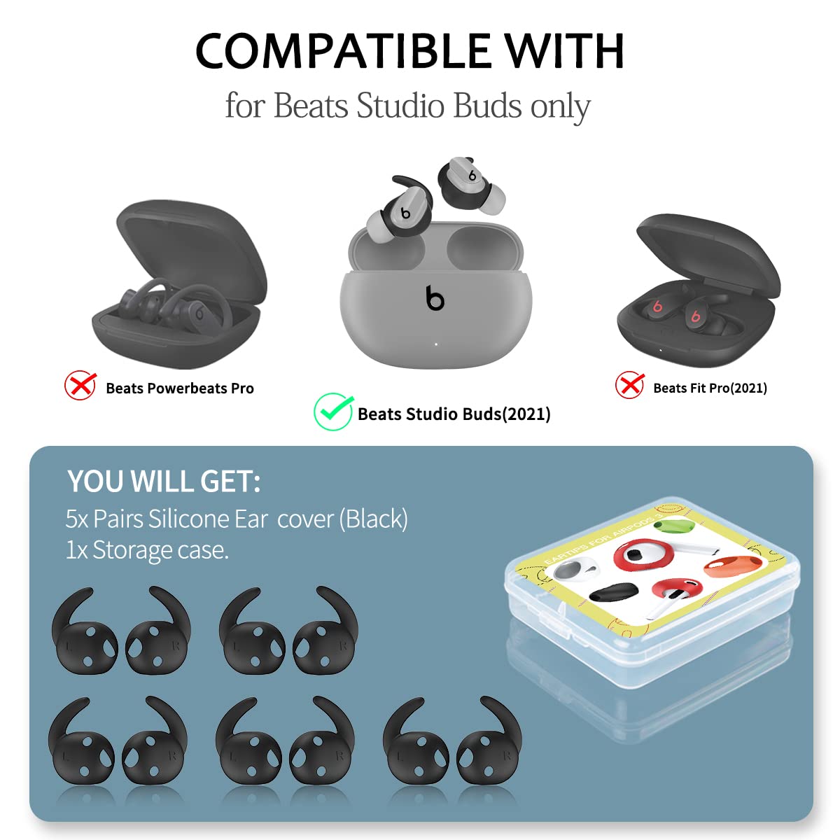 [5 Pairs] for Beats Studio Buds Ear Hooks, Soft Silicone Sport Anti Slip Studio Buds Ear Covers Compatible with Beats Studio Buds Earbuds 2021 [NOT