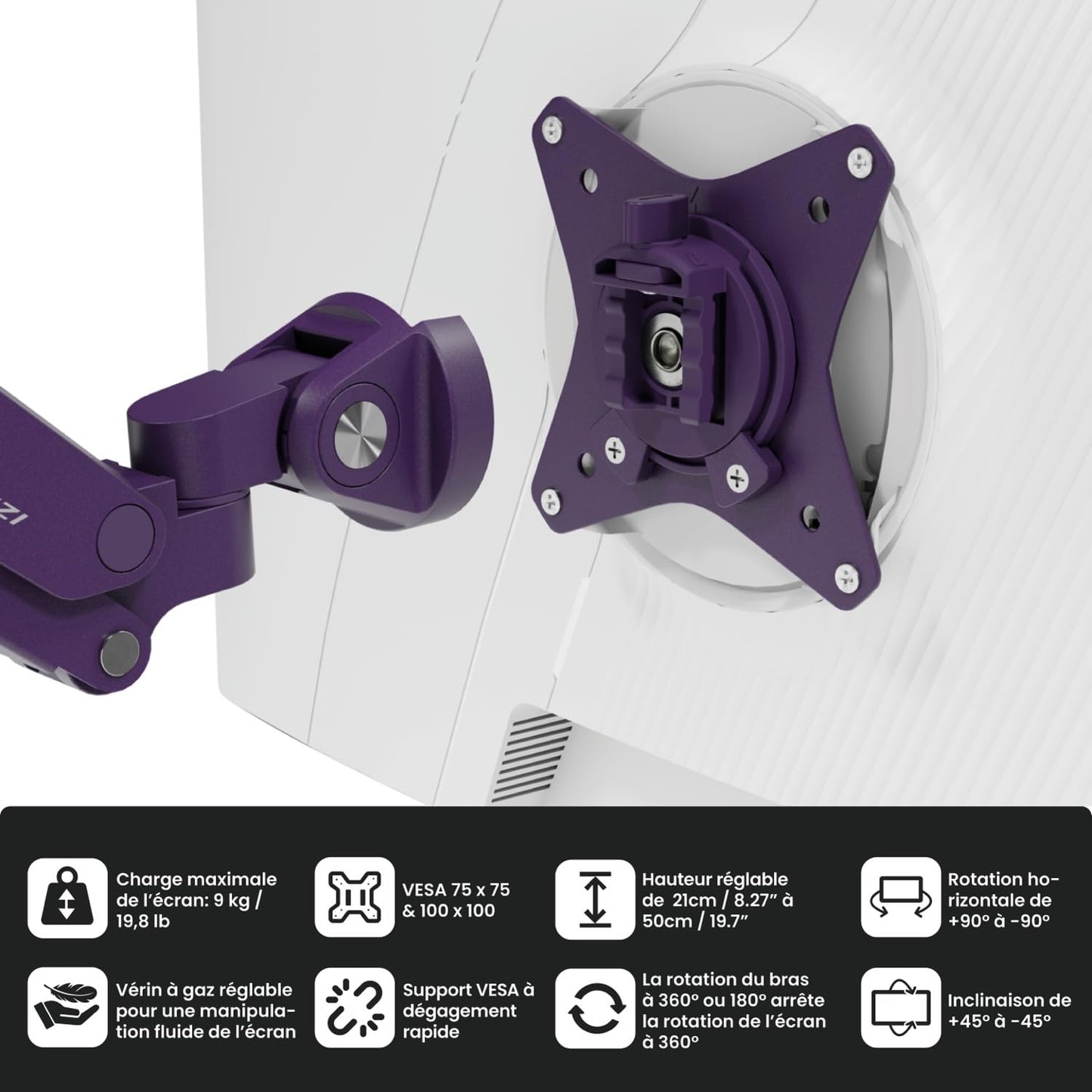 Arozzi Alzare Neo Single Gas Spring Monitor Arm - Full Motion, Height Adjustable 8.3":19.7", VESA 75/100, Cable Management - C-Clamp & Grommet Mount