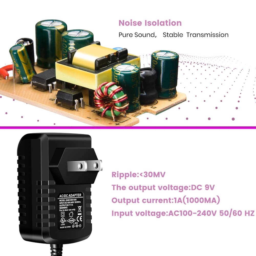Pigtone DC 9V 1A Guitar Pedal Professional Power Supply Adapter AC Wall Charger Adapter One Spot 5.5mmX2.1mm （Tip Negative） Low Noise for Most Effect…