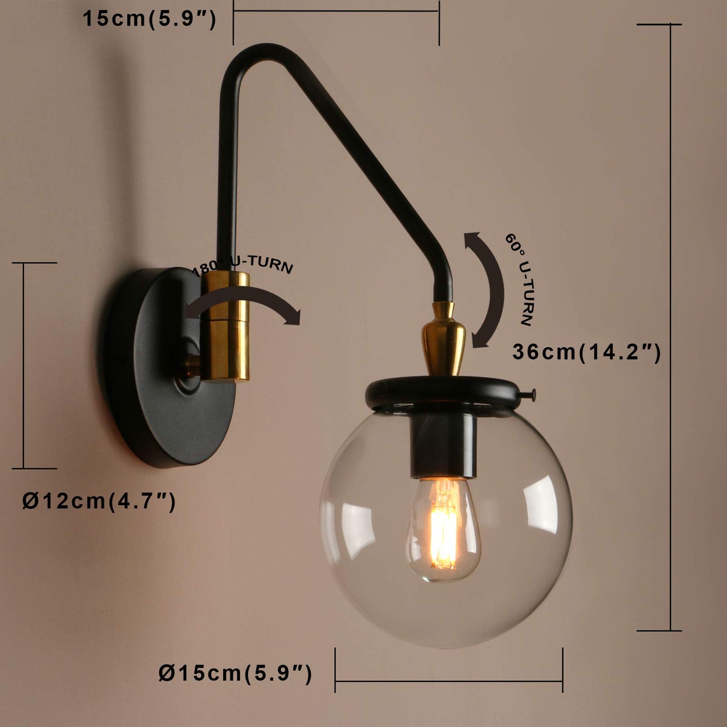 Pathson Industrial Swing Arm Wall Sconce Lighting, Adjustable Globe Wall Vanity Light for Bathroom, Hardwired Wall Lamp Fixture for Bedside Living