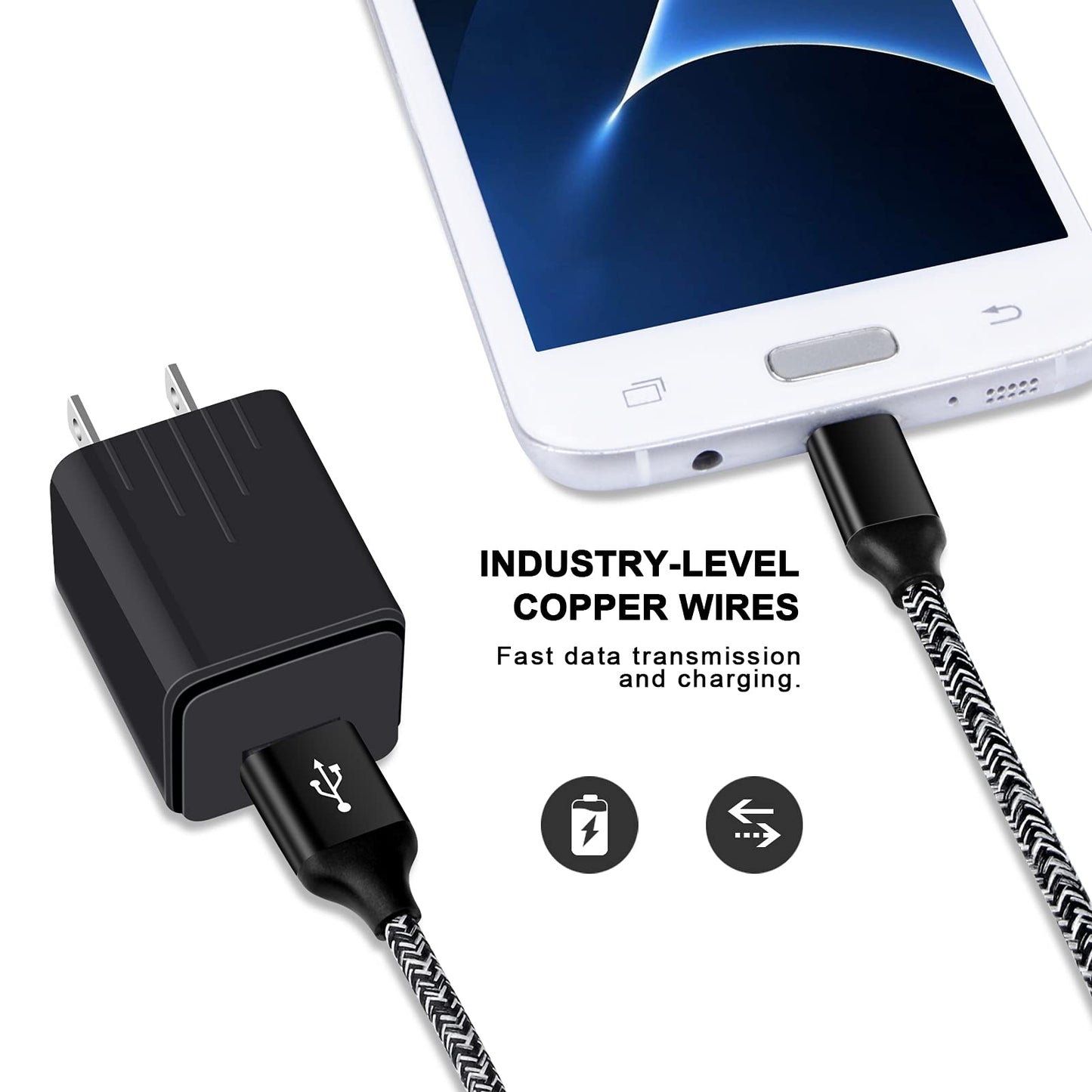 Samsung Galaxy S6 S7 J3 J7 Note 5,LG Stylo 2 3 Plus,Tablet,Kindle Fire 6 ft Micro USB Charger Cord with Fast Charging and Wall Charger Block Plug