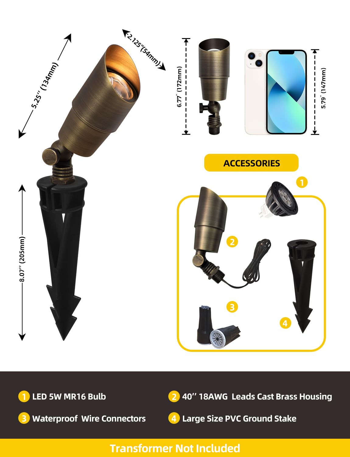 COLOER Die-cast Brass Low Voltage Spotlight 1-Pack with 5W Aluminum Housing MR16 LED Bulb 2700K 450LM CRI85+,12V AC/DC Outdoor Landscape Lighting