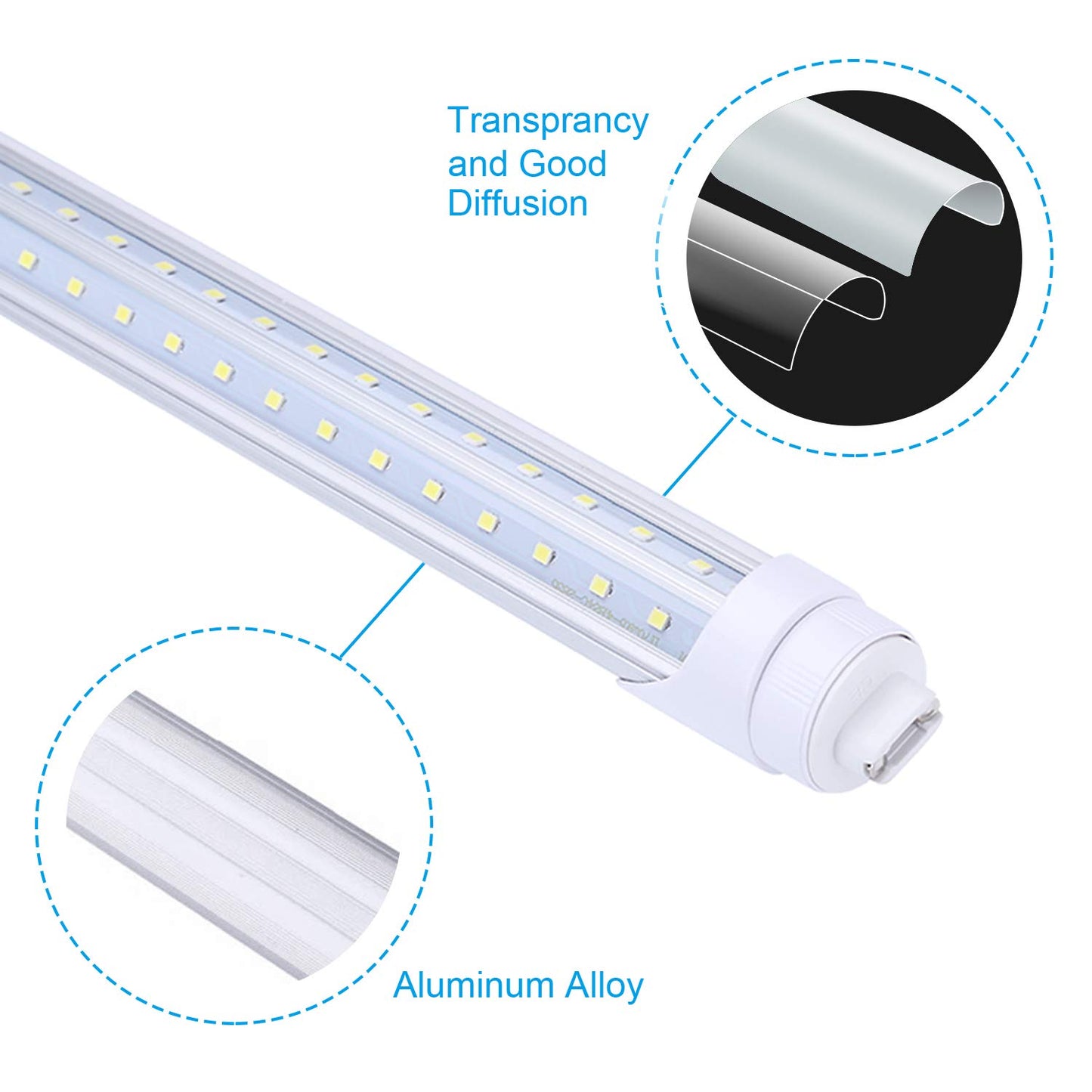 FALANFA 8ft R17D Rotatable HO Base led Tube Light 65W,270 Degree V Shaped LED Chip Bulbs,T8 6000K Cool White,Clear Cover,85V-265V,Dual-Ended