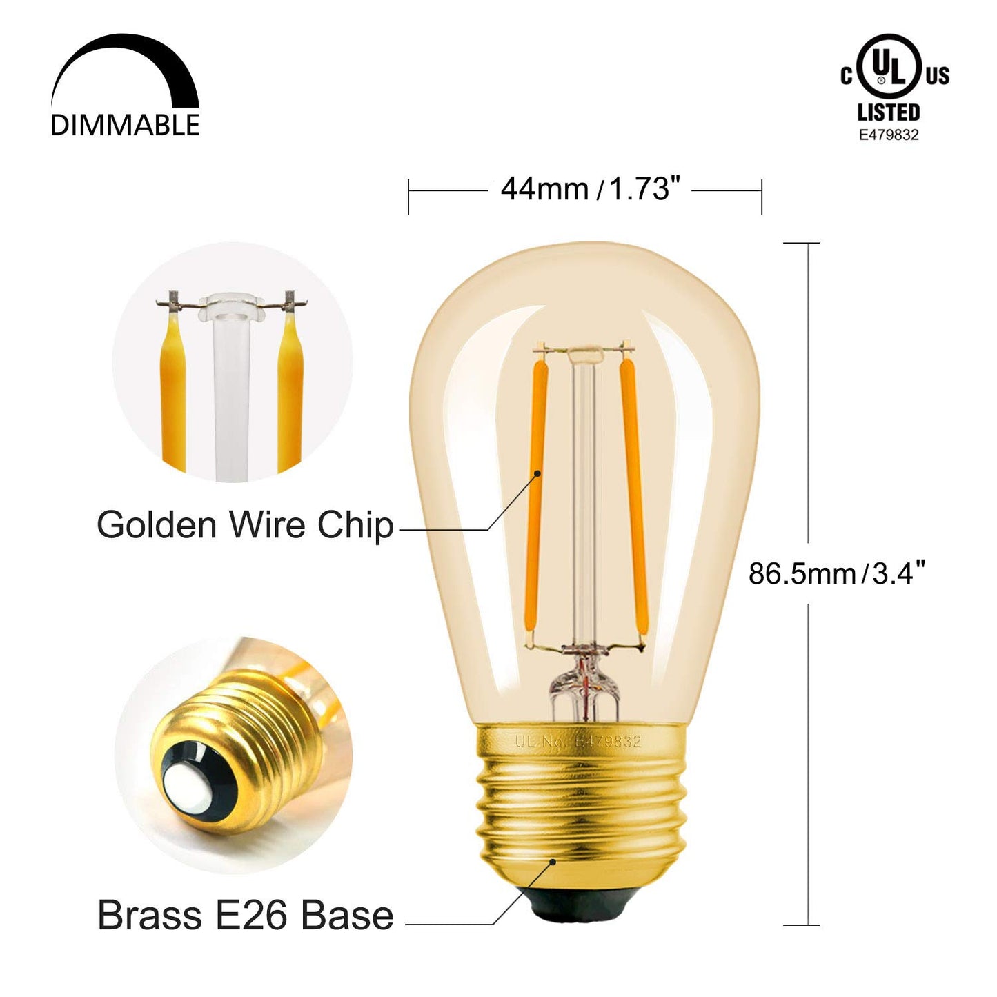 Hizashi S14 LED String Light Bulbs, 25W Eq, E26 Bulb 2200K, 6Pack