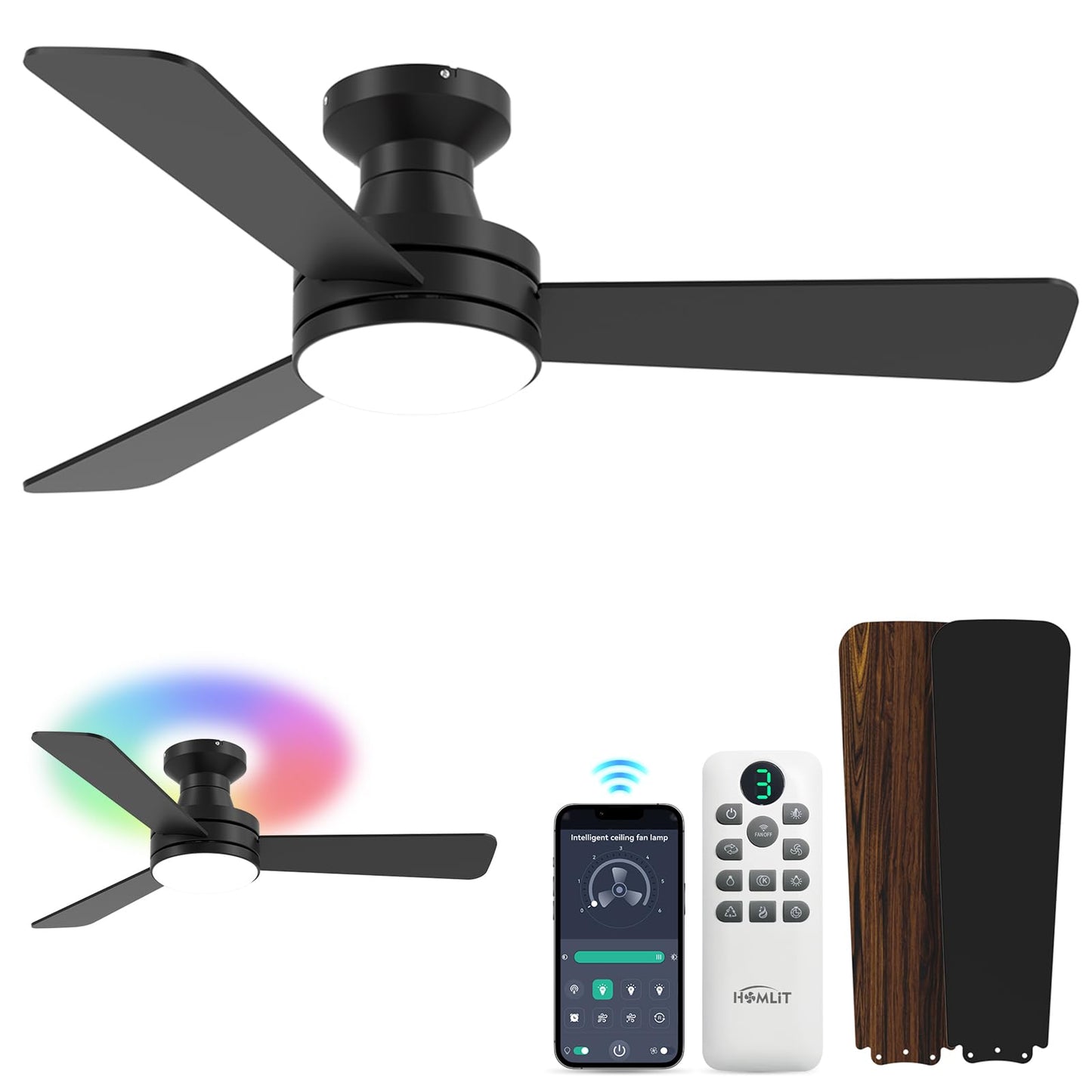 Homlit 42 inch RGB Ceiling Fan with Light, Smart App & Remote Control Low Profile Flush Mount, Music Sync Lighting, 6-Speed Quiet Reversible DC Motor