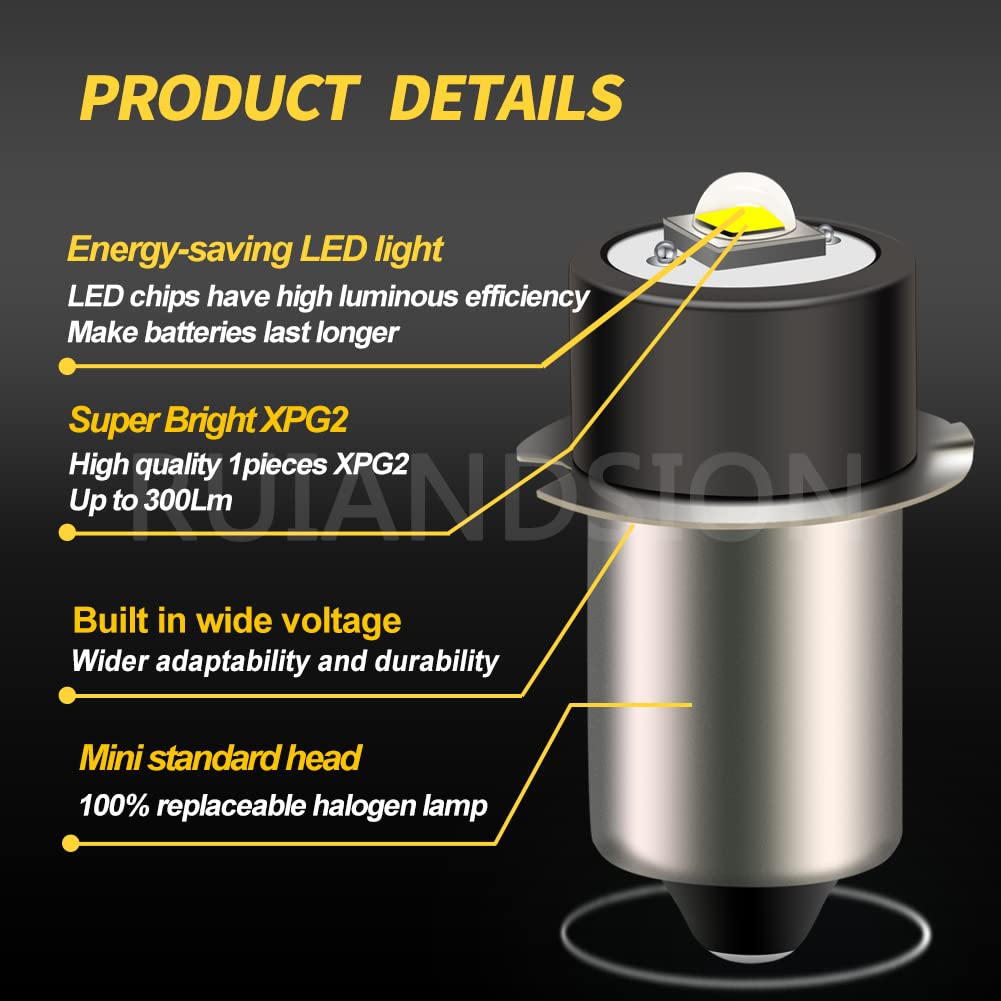 Ruiandsion 1-9V LED Flashlight Bulb P13.5S LED Bulb 1.5V 3V 4.5V 6V 9V Replacement for Torch Lantern Work Light Bulbs (Pack of 2)
