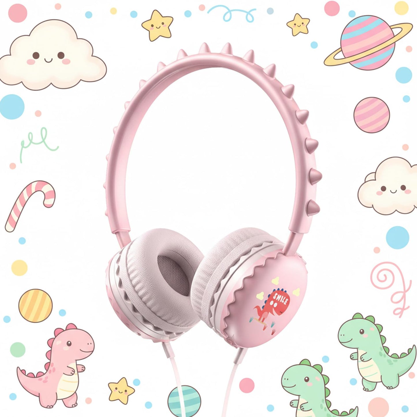 KERHAND Kids Dinosaur Wired Headphones, Pink