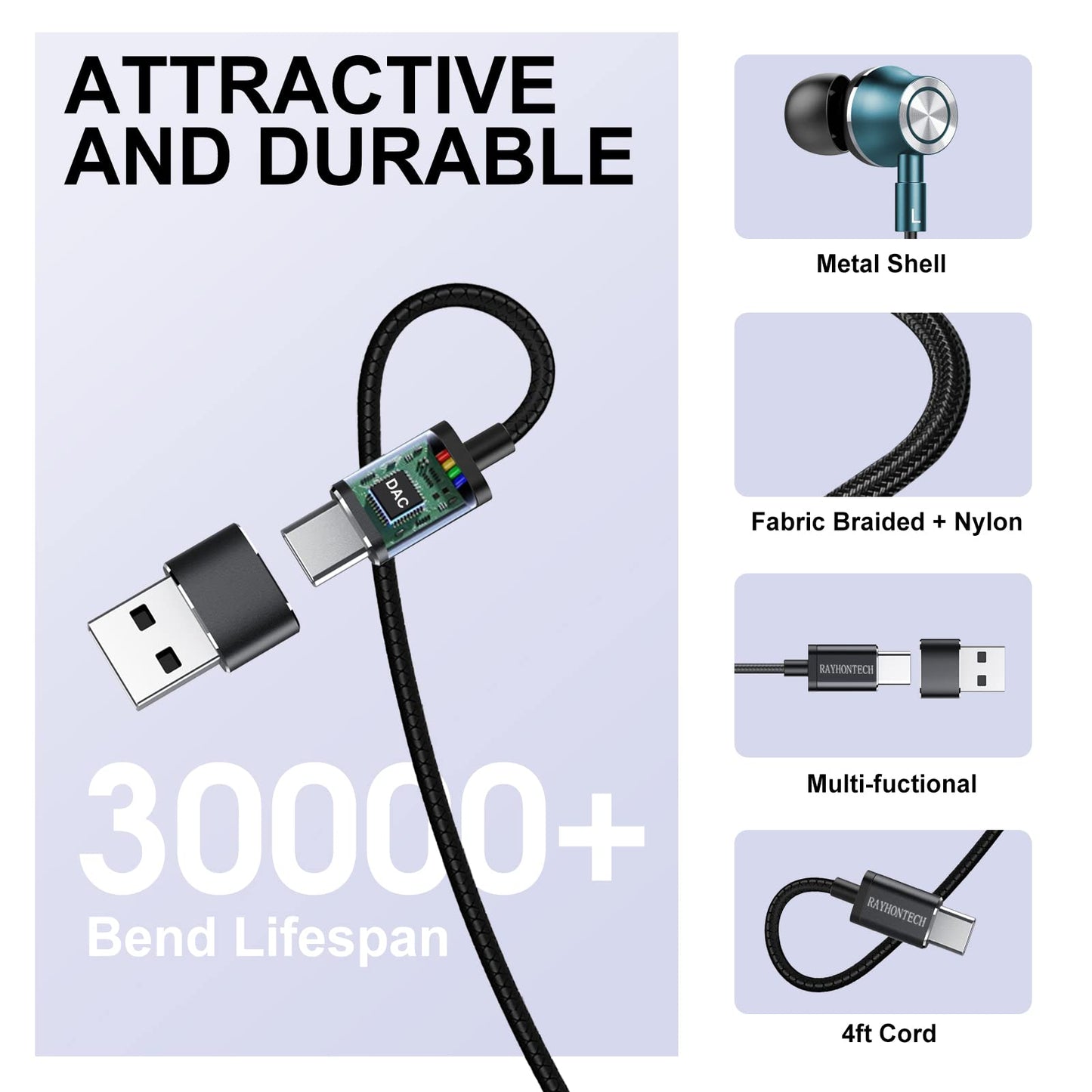 Rayhontech USB C Wired Earbuds, in Ear Earphones for Laptop PC with Microphone, Magnetic Noise Isolation Headset Compatible for iPhone 16 15 Pro Max…