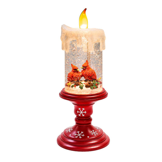 MOMENTS IN TIME LED Lighted Spinning Water Candle with Cardinals 10”H Acrylic Glitter Candle Decor Battery Operated Christmas Decoration Light-Up