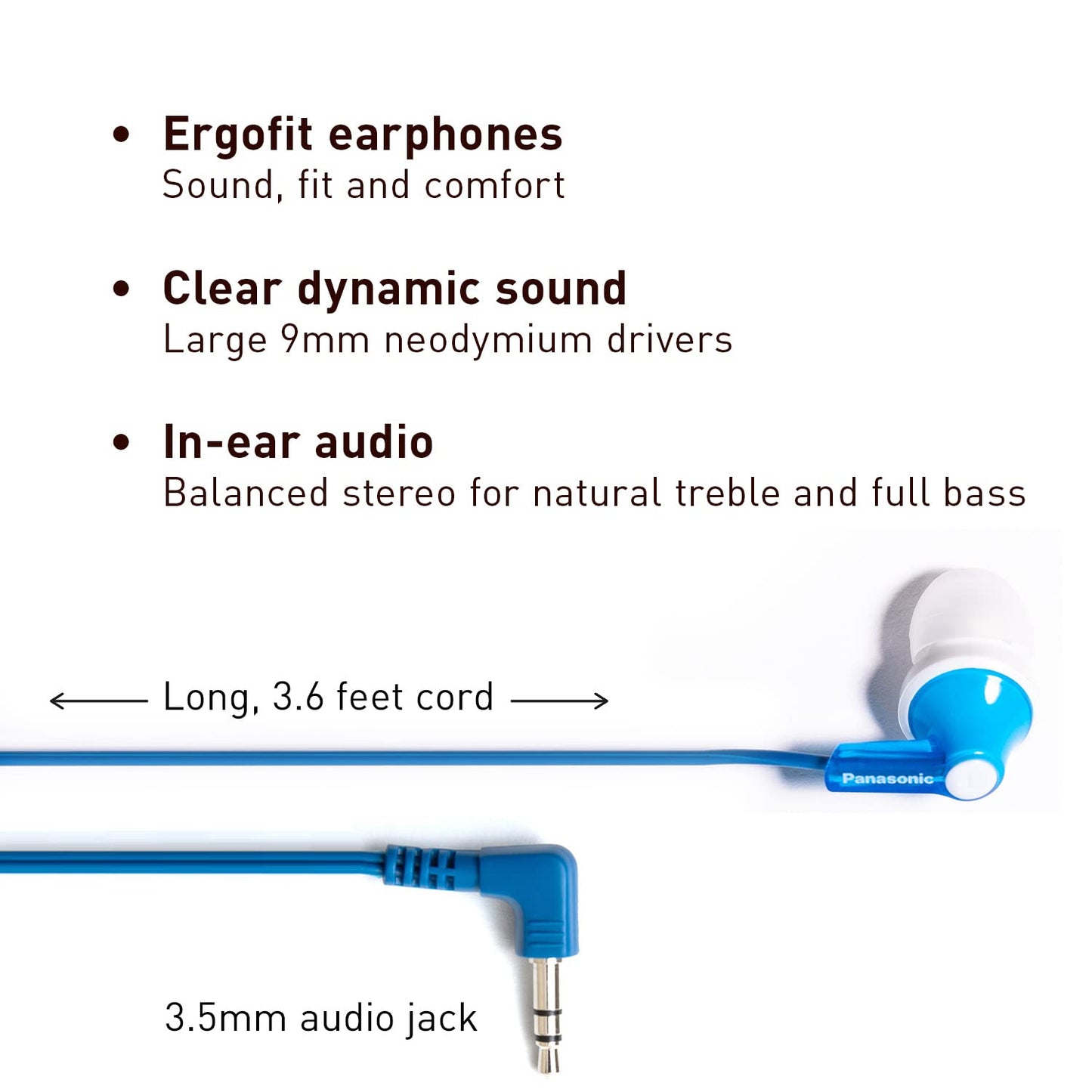Panasonic ErgoFit In-Ear Earbud Headphones RP-HJE120-A (Blue) Dynamic Crystal-Clear Sound, Ergonomic Comfort-Fit