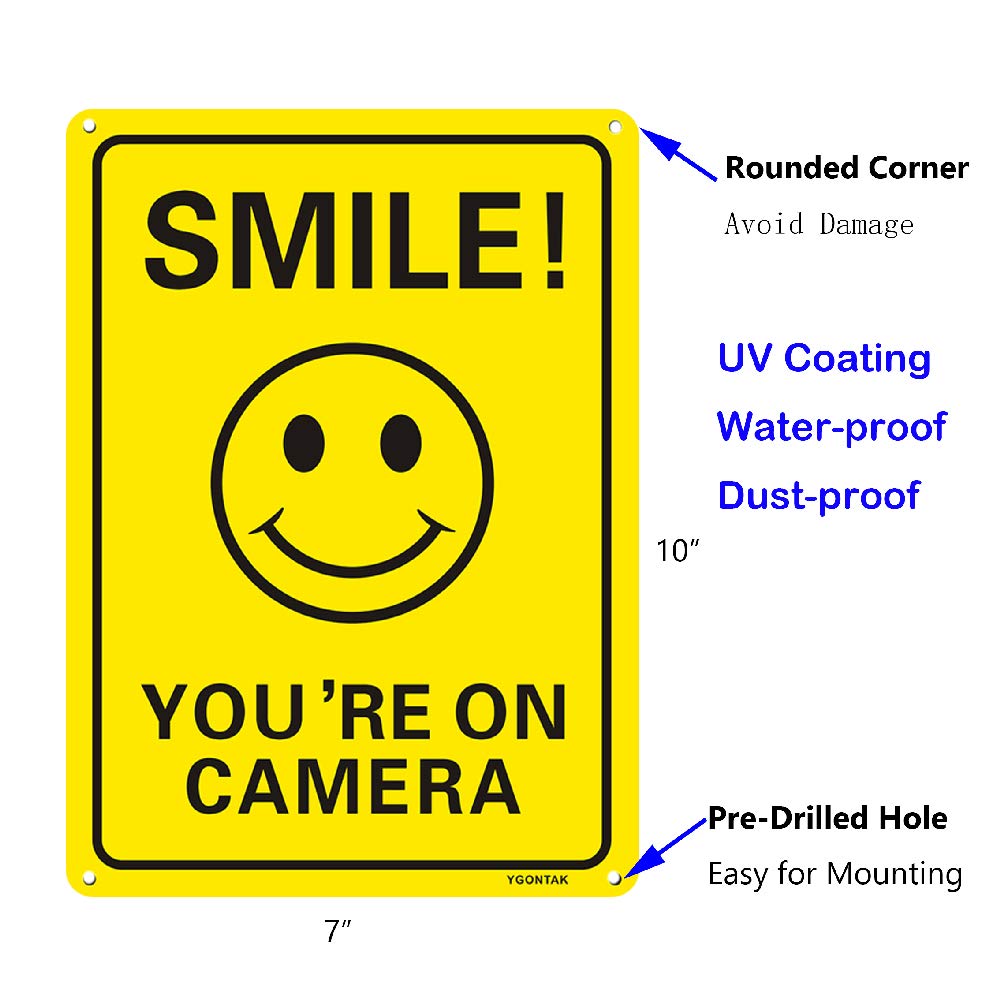 3Pack Smile You're On Camera Video Surveillance Signs 10x7 Inches Anti Rust Aluminum UV Protected Reflective Signs for Home Business CCTV Security
