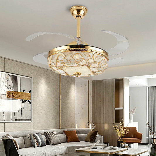 42 Inch Gold Ceiling Fans with Lights and Remote, Modern Floral LED Chandelier Fan Light Kit, 4 Retractable Blades, 3 Color 3 Speed Adjustable, Indoor