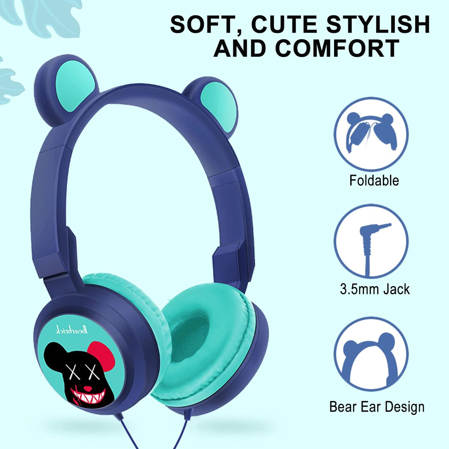 ROCKSOCKI Kids Wired Headphone for Electronic Drum Set. Foldable and Adjustable, Bear Ear Design 3.5mm Jack