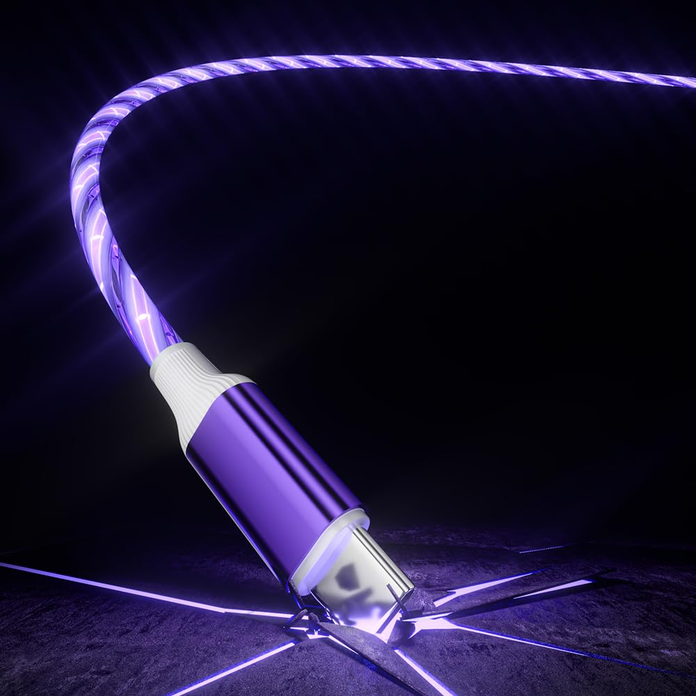 IHAO USB A to C Charger Cable PD Fast Charge and High Speed Sync Visible Starry LED Current Flowing Compatible with All USBC Device-Starry Purple A