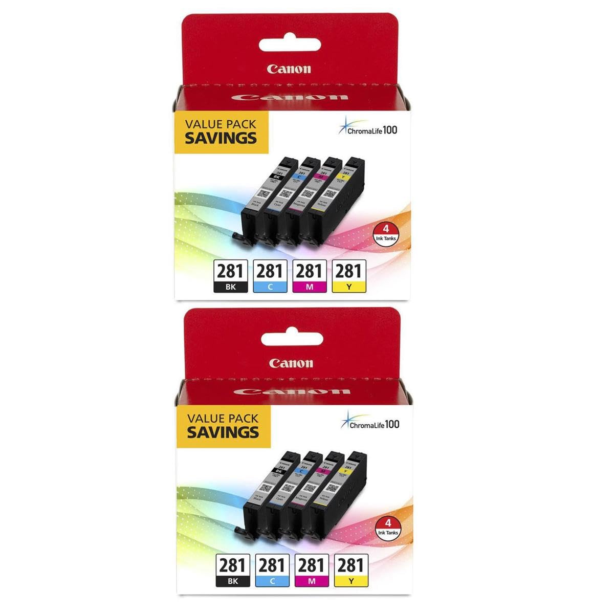 Canon 2 Pack CLI-281 BKCMY Combo 4-Pack of Black, Cyan, Magenta, and Yellow Ink Tanks for Pixma Inkjet Printers