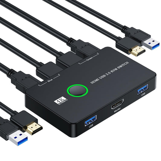 ULXUUUN USB 3.0 Switch for Computers Shares Mouse Keyboard Printer to One HD Monitor, 4K@60 Hz USB and HDMI Switch with 2 HDMI Cables and 2 USB Cables