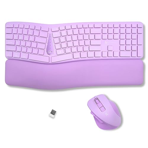 X9 Ergonomic Keyboard and Mouse Wireless Combo - Purple Keyboard and Mouse Wireless, Bluetooth/2.4G Split, Wrist Rest, Rechargeable, Silent Ergo Keys